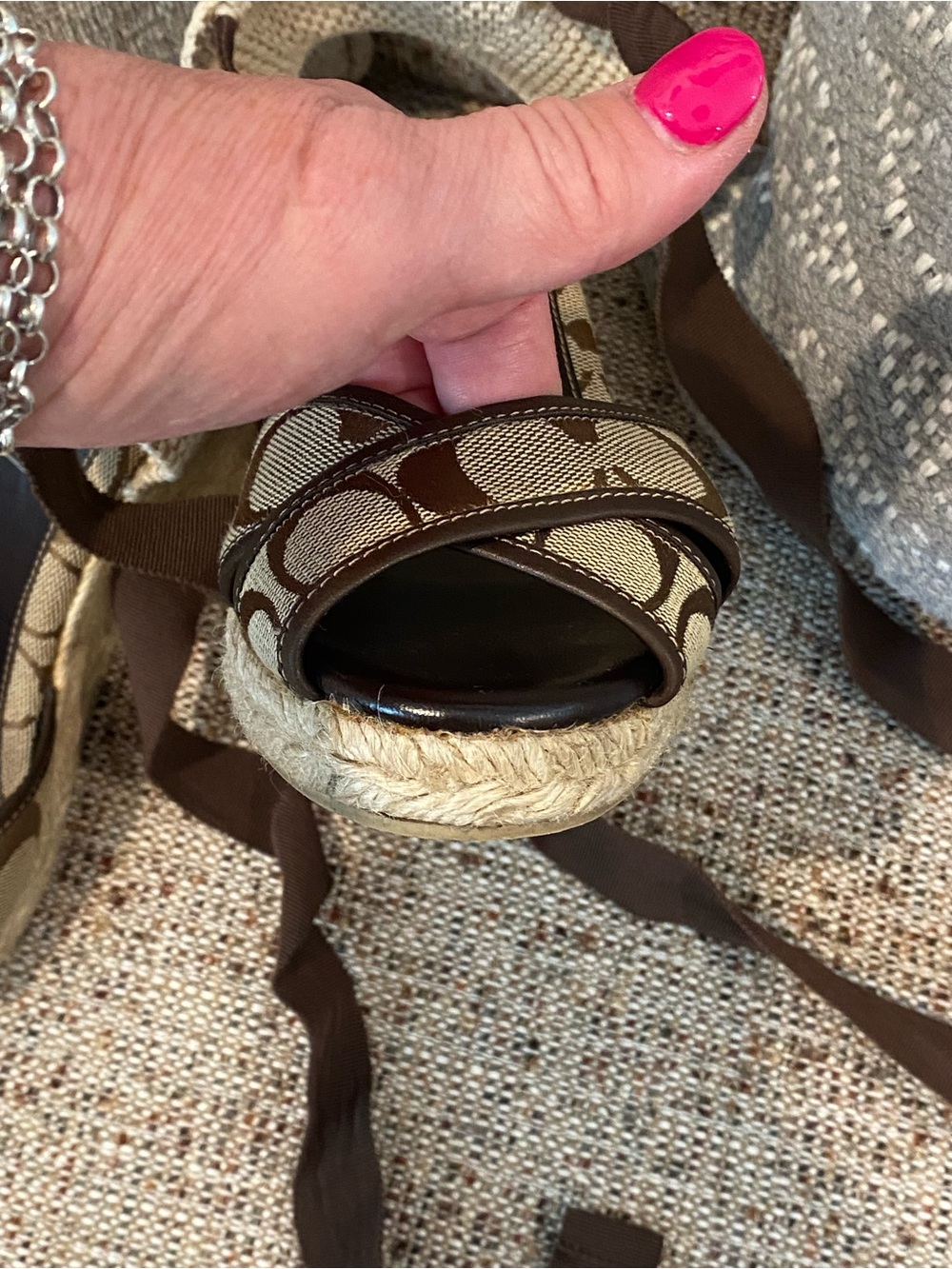 Coach Tan and Brown Signature Canvas Wedge Sandals with Ankle Wrap - Picture 7 of 14